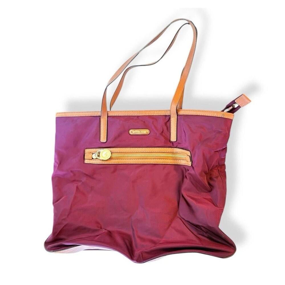 Michael Kors Kempton Medium Nylon Tote Bag Burgundy Gold Leather Trim Purse